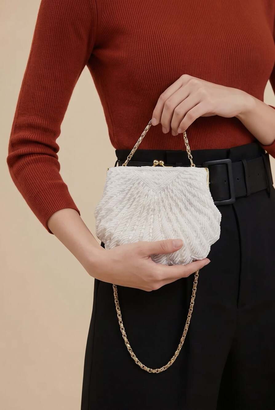 La Regale White Beaded Seashell Clutch Crossbody Bag
